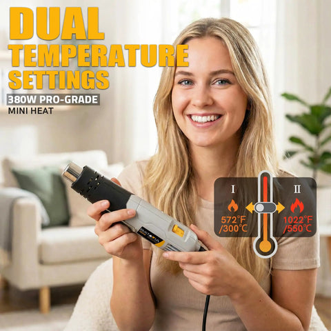 Woman holding Powerful 380W Heat Gun Hot Air Tool With Dual Temperature Settings 572F And 1022F, in living room