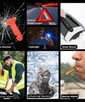Various components of Roadside Assistance Emergency Kit for Cars With Upgraded Jumper Cables 142 Piece Car Safety Kit displayed, including safety hammer, reflective warning triangle, snow shovel, flashlight, reflective vests, distress whistle, and lifesaving blanket.