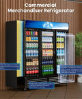 Big Daddy 56 Cu Ft Commercial Beverage Display Fridge With 3 Glass Doors showcasing drink bottles and cans inside a sleek design.