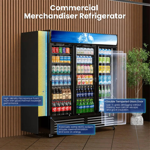 Big Daddy 56 Cu Ft Commercial Beverage Display Fridge With 3 Glass Doors showcasing drink bottles and cans inside a sleek design.
