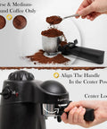 Professional Espresso Maker With Built In Milk Frother And Clear Glass Carafe showing coffee grounds and easy handle alignment for brewing.