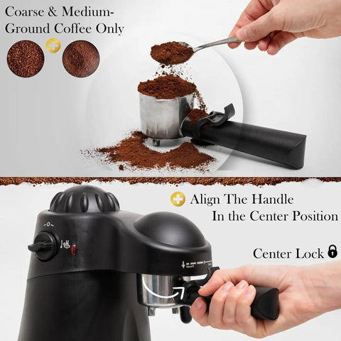 Professional Espresso Maker With Built In Milk Frother And Clear Glass Carafe showing coffee grounds and easy handle alignment for brewing.