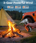 Using the MegaFlow100 Cordless Electric Air Duster With 150000 RPM Turbo Power Brushless Motor to stoke a campfire.