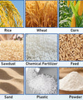 Grid of materials for the Workhorse Portable Grain Conveyor Auger: rice, wheat, corn, sawdust, chemical fertilizer, feed, sand, plastic, powder.
