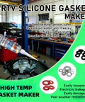 RTV silicone gasket maker tube with blue label applied to an engine cover in a workshop, with O-rings and seals nearby.