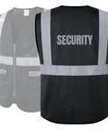 Rock Solid High Visibility Security Vest Crafted For Day Shift Crews With Full Zipper Front Five Spacious Pockets And Bright Reflective Tape That Keeps You Clearly Visible Meets Ansi Safety Rules In Jet Black XL, front and back view, mesh material.