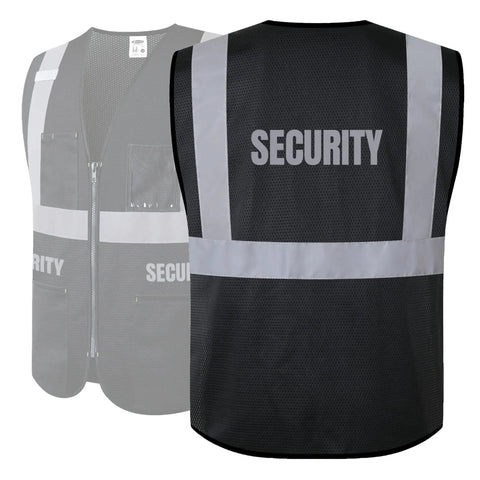Rock Solid High Visibility Security Vest Crafted For Day Shift Crews With Full Zipper Front Five Spacious Pockets And Bright Reflective Tape That Keeps You Clearly Visible Meets Ansi Safety Rules In Jet Black XL, front and back view, mesh material.