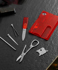 14-In-1 Survival Card Tool With LED Light, ultra compact 2Cr13 stainless steel multitool in card size, black red components