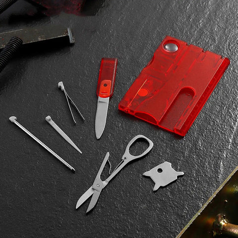 14-In-1 Survival Card Tool With LED Light, ultra compact 2Cr13 stainless steel multitool in card size, black red components