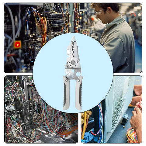 Heavy Duty Stainless Steel Wire Stripping Pliers with ergonomic grip against a backdrop of intricate wiring.