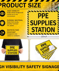 PPE Supplies Station Stickers 10x7 waterproof PVC safety signs with high visibility yellow and black caution labels