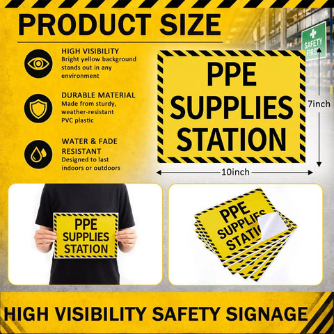PPE Supplies Station Stickers 10x7 waterproof PVC safety signs with high visibility yellow and black caution labels