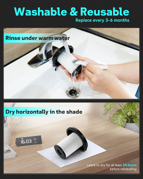 Person rinsing Replacement Filters Easy Fit For Bissell CleanView XR 200W And CleanView XR Pet 300W under faucet, filter drying on table.