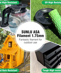 ASA 3D Printer Filament 1.75mm Black 1kg Spool UV Rain And Heat Resistant, shown with examples of outdoor applications.