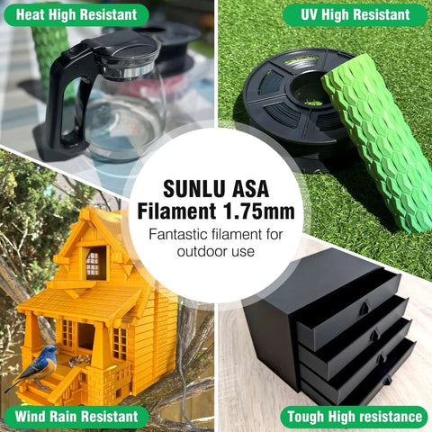 ASA 3D Printer Filament 1.75mm Black 1kg Spool UV Rain And Heat Resistant, shown with examples of outdoor applications.