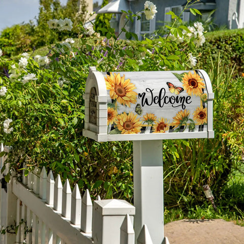 Sunflower Butterfly Welcome Mailbox Cover Magnetic 21 By 18 Inches Standard Size Rustic Farmhouse Post Box Wrap