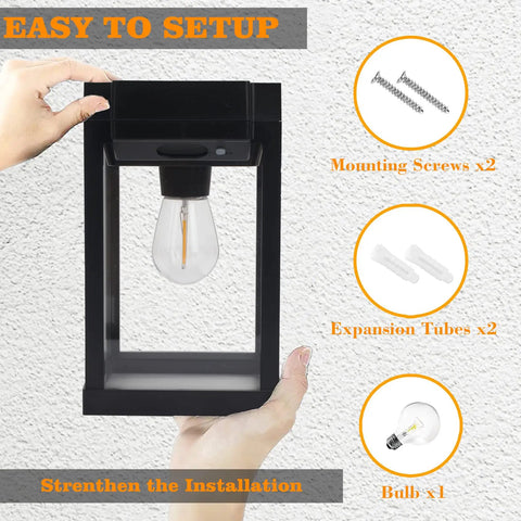 Hand holding Outdoor Solar Wall Lights 2 Pack With 3 Modes Dusk To Dawn Motion Sensor LED Sconce; screws, tubes, bulb shown