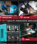 3 In 1 MIG TIG Stick Welder, 145 Amp, 110V 220V Gasless Flux Core Welder with Digital Screen, Portable Workhorse Synergic Welding Machine for Stainless Steel, Carbon Steel and Thick Metals, with Lift TIG and Stick Capability, highlighting gasless MIG, Lift TIG, and stick welding functions.
