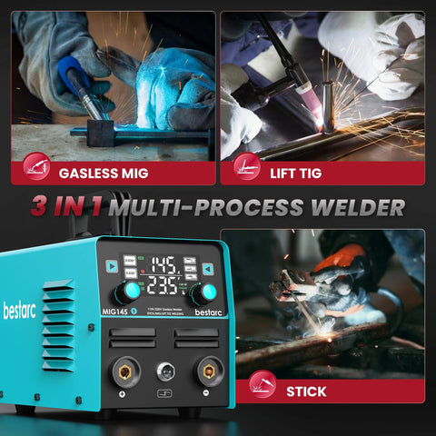 3 In 1 MIG TIG Stick Welder, 145 Amp, 110V 220V Gasless Flux Core Welder with Digital Screen, Portable Workhorse Synergic Welding Machine for Stainless Steel, Carbon Steel and Thick Metals, with Lift TIG and Stick Capability, highlighting gasless MIG, Lift TIG, and stick welding functions.