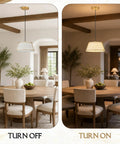 AyshwillDec 10" Modern Gold Linen Pendant Light Dining Room Bulb Included in ON and OFF states above a dining table.