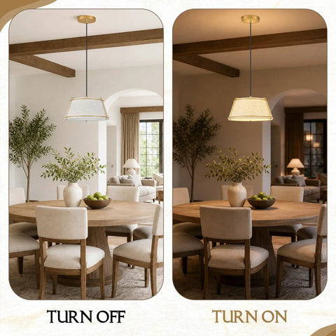 AyshwillDec 10" Modern Gold Linen Pendant Light Dining Room Bulb Included in ON and OFF states above a dining table.
