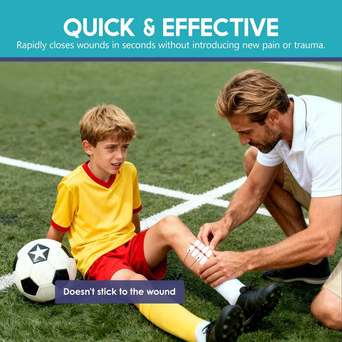 Wound Closure Strips Kit With Butterfly Bandages And Quick Clot Suture 32 Pcs Emergency First Aid used on a child’s knee injury on a soccer field