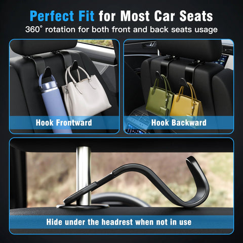 Amooca four-pack black S-shaped car seat headrest hooks for hanging handbags and coats.