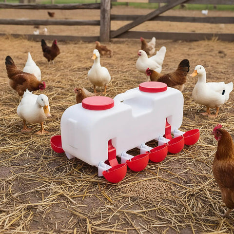 Backyard Boss Automatic Chicken Waterer Featuring Ten Heavy Duty Cups Plus A 9.6 Gallon Self Filling Reservoir with chickens and ducks.