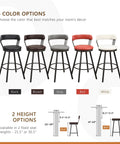 Set Of Two Built Different Swivel Bar Stools With Cushy Leather Seats And Heavy Duty Metal Frame At 30 Inch Counter Height With Solid Footrail In Warm Brown showcasing color options and height variations.