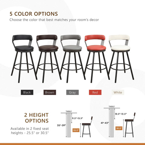 Set Of Two Built Different Swivel Bar Stools With Cushy Leather Seats And Heavy Duty Metal Frame At 30 Inch Counter Height With Solid Footrail In Warm Brown showcasing color options and height variations.