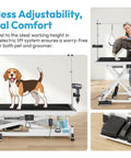 Heavy Duty Electric Dog Grooming Table With Smooth Operator Foot Pedal And Kickass Sturdy X Frame For Easy Height Adjustments And No Sweat Pet Styling In White with beagle and groomer.