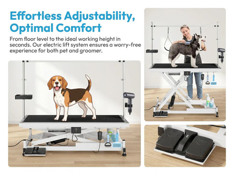 Heavy Duty Electric Dog Grooming Table With Smooth Operator Foot Pedal And Kickass Sturdy X Frame For Easy Height Adjustments And No Sweat Pet Styling In White with beagle and groomer.