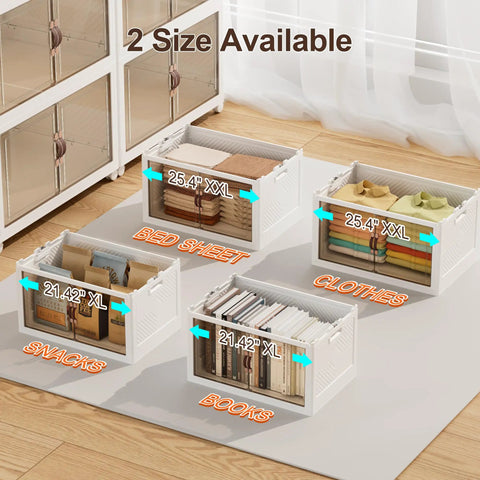 Heavy Duty Foldable Storage Bins With Smooth Rolling Wheels And Secure Door Lock Spacious Collapsible Plastic Containers for closets holding clothes, snacks, books, and bed sheets.