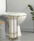 Gold Free Standing Toilet Paper Holder With Storage Modern Minimal Design for Mega Rolls beside toilet in small bathroom