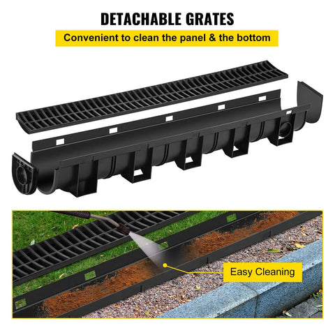 Low-Profile Trench Drain System With Plastic Grate 5.9x5.1 Inch HDPE Channel Drainage showing detachable grates and easy cleaning