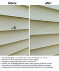 Before and after using Vinyl Siding Repair Kit 12 Pcs Self Adhesive Patches 6.3 By 4.75 Inches PVC Tape on cracked vinyl siding.