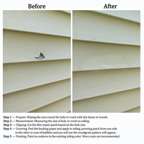 Before and after using Vinyl Siding Repair Kit 12 Pcs Self Adhesive Patches 6.3 By 4.75 Inches PVC Tape on cracked vinyl siding.