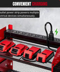 All In One Wall Mounted Power Tool Organizer With Built In Eight Outlet Charging Station showing power strip and charging tools