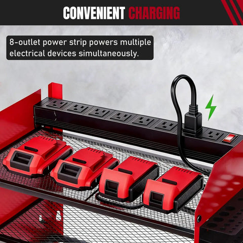 All In One Wall Mounted Power Tool Organizer With Built In Eight Outlet Charging Station showing power strip and charging tools