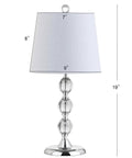 Clear Crystal 20 Inch Mini LED Table Lamp In Chrome Finish With White Linen Drum Shade, shown with measurements