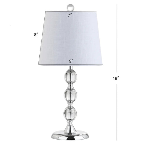 Clear Crystal 20 Inch Mini LED Table Lamp In Chrome Finish With White Linen Drum Shade, shown with measurements