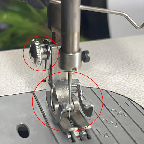 Industrial sewing machine with Finger Guard Set With Presser Foot Screw, showing installation on needle for safety and ease.