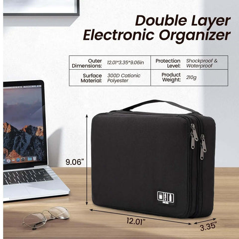 Premium Double Layer Electronics Travel Case Kickin Your Tech Stash Into Place With A Slick Cable Organizer Bag showing dimensions and black polyester material.