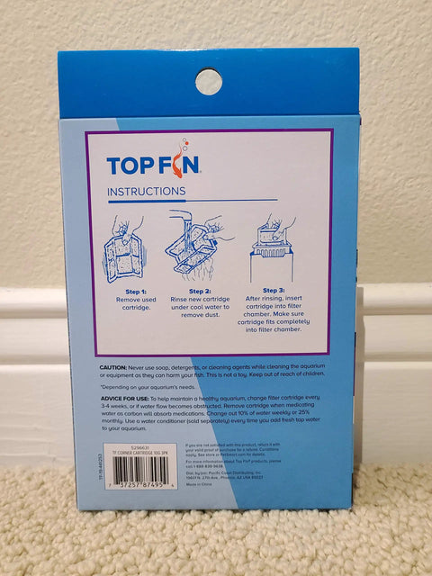 Back of packaging showing instructions for CN-S Corner Filter Cartridges 3 Pack For Aquariums, Replacement Filter Media That Fits Corner Filtration.