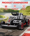 24V Electric Go Kart For Kids 6 To 12 With Dual 200W Motors, shown on a race track with dimensions and safety belt details.