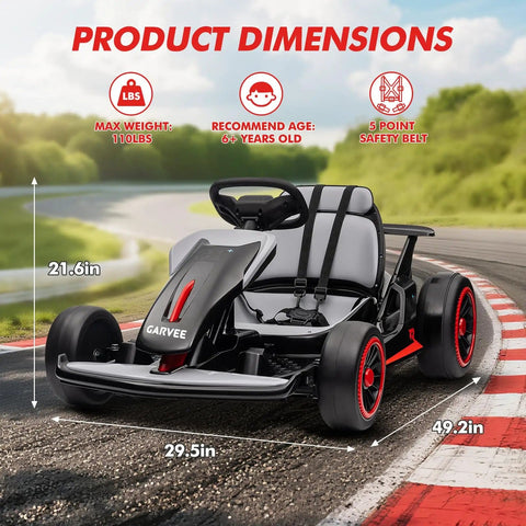 24V Electric Go Kart For Kids 6 To 12 With Dual 200W Motors, shown on a race track with dimensions and safety belt details.