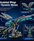 Dragonfly Mechanical Building Blocks Kit With 866 Pieces, insect mech model with movable wings and display stand