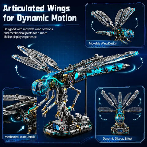 Dragonfly Mechanical Building Blocks Kit With 866 Pieces, insect mech model with movable wings and display stand
