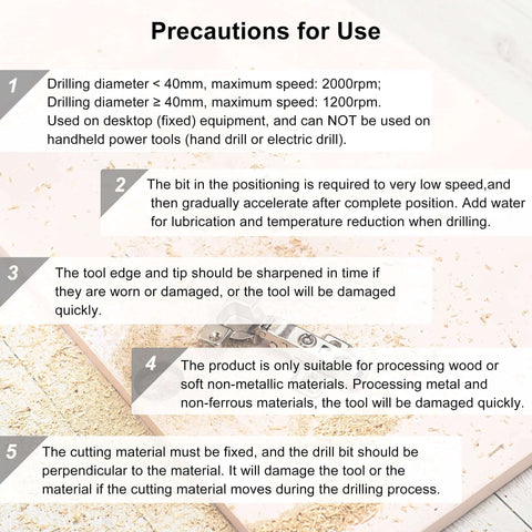 uxcell Forstner drill bit 70mm precautions card on wood with a metal bit and wood shavings
