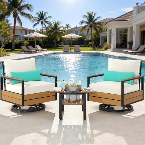 Three Piece Outdoor Bistro Set With 360 Swivel Rocking Chair And Two Tier Solid Acacia Wood Sliding Coffee Table White Six Inch Cushions For Backyard Or Poolside Vibes by a pool